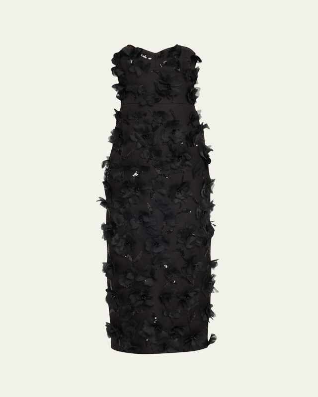 Floral Hand Embellished Strapless Sheath Dress
